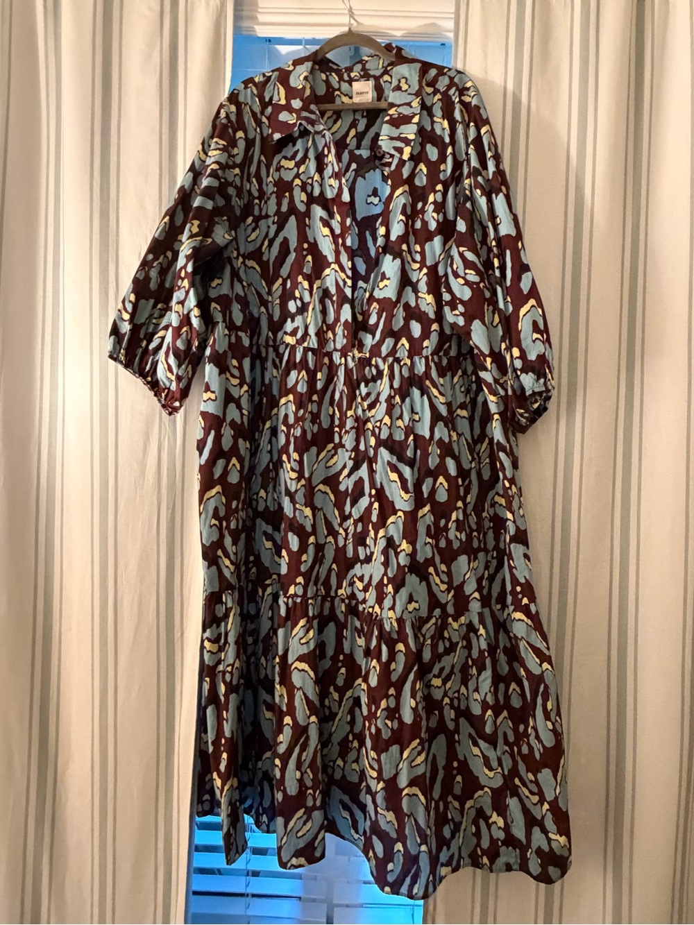 Anthropologie The Bettina Tiered Shirt Dress burgundy and teal